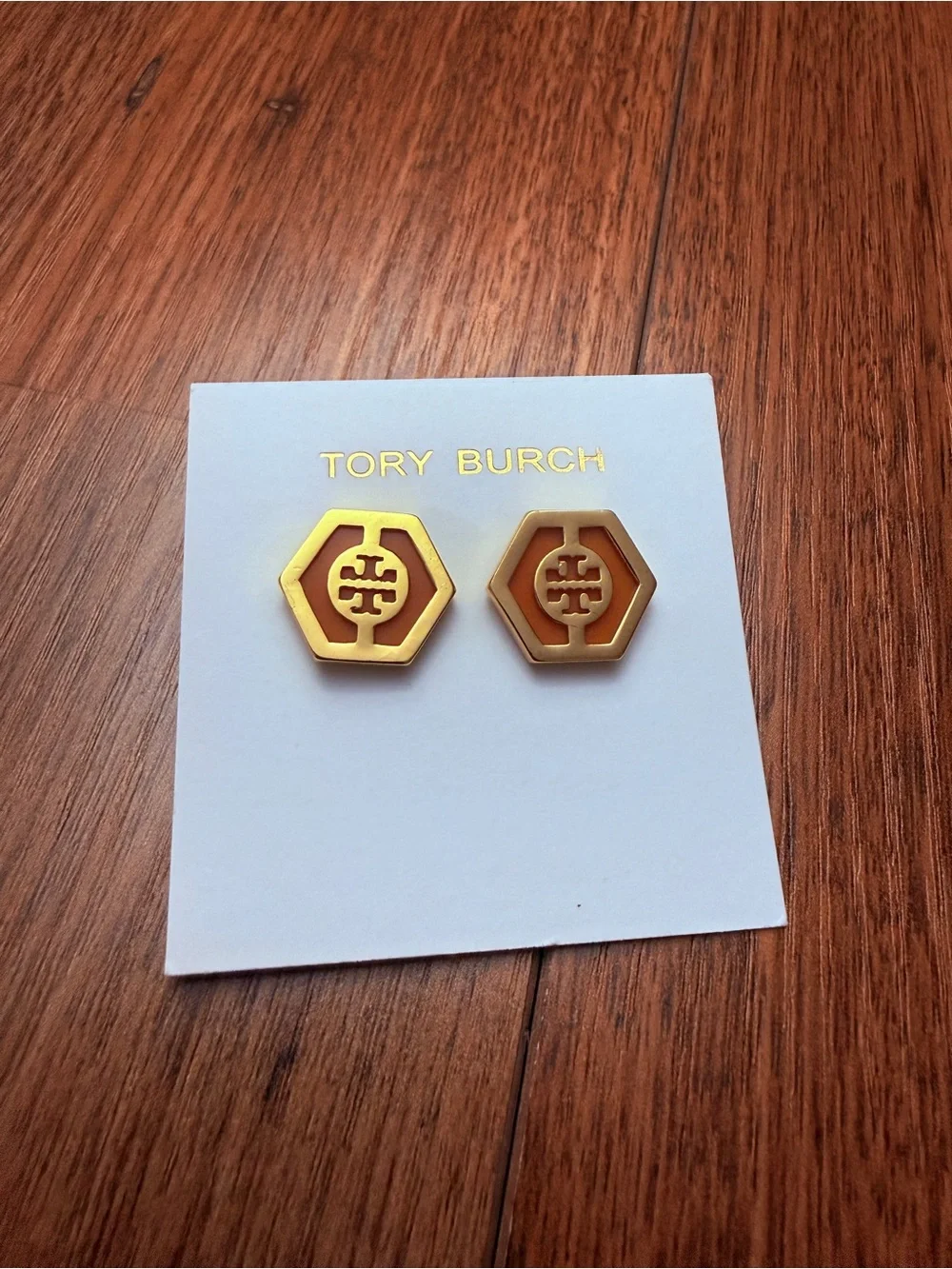 Tory Burch Gold and Brown Hexagon Logo Earrings